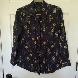 Peruvian Connection Black Yellow Floral Button Down Shirt Cotton Spandex L